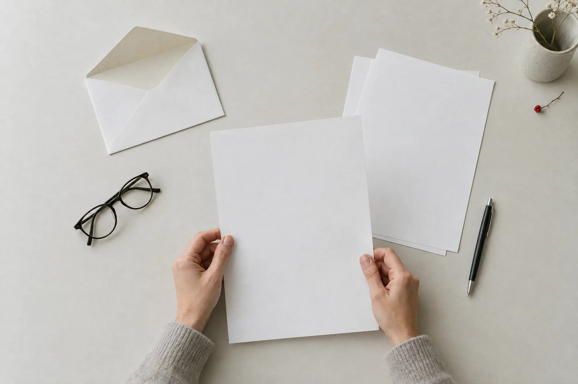 Courrier ouvert et lunettes posés sur une table.