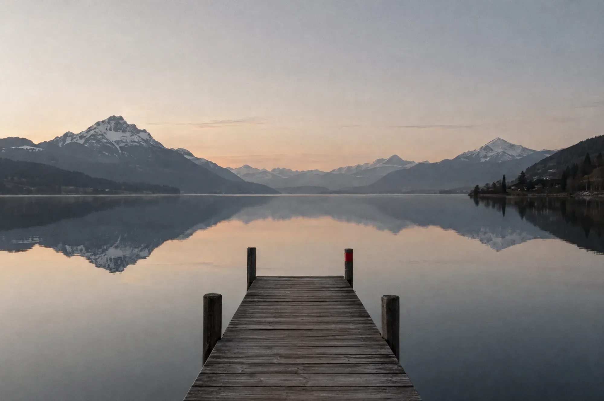 Ponton sur un lac parfaitement calme au crépuscule.