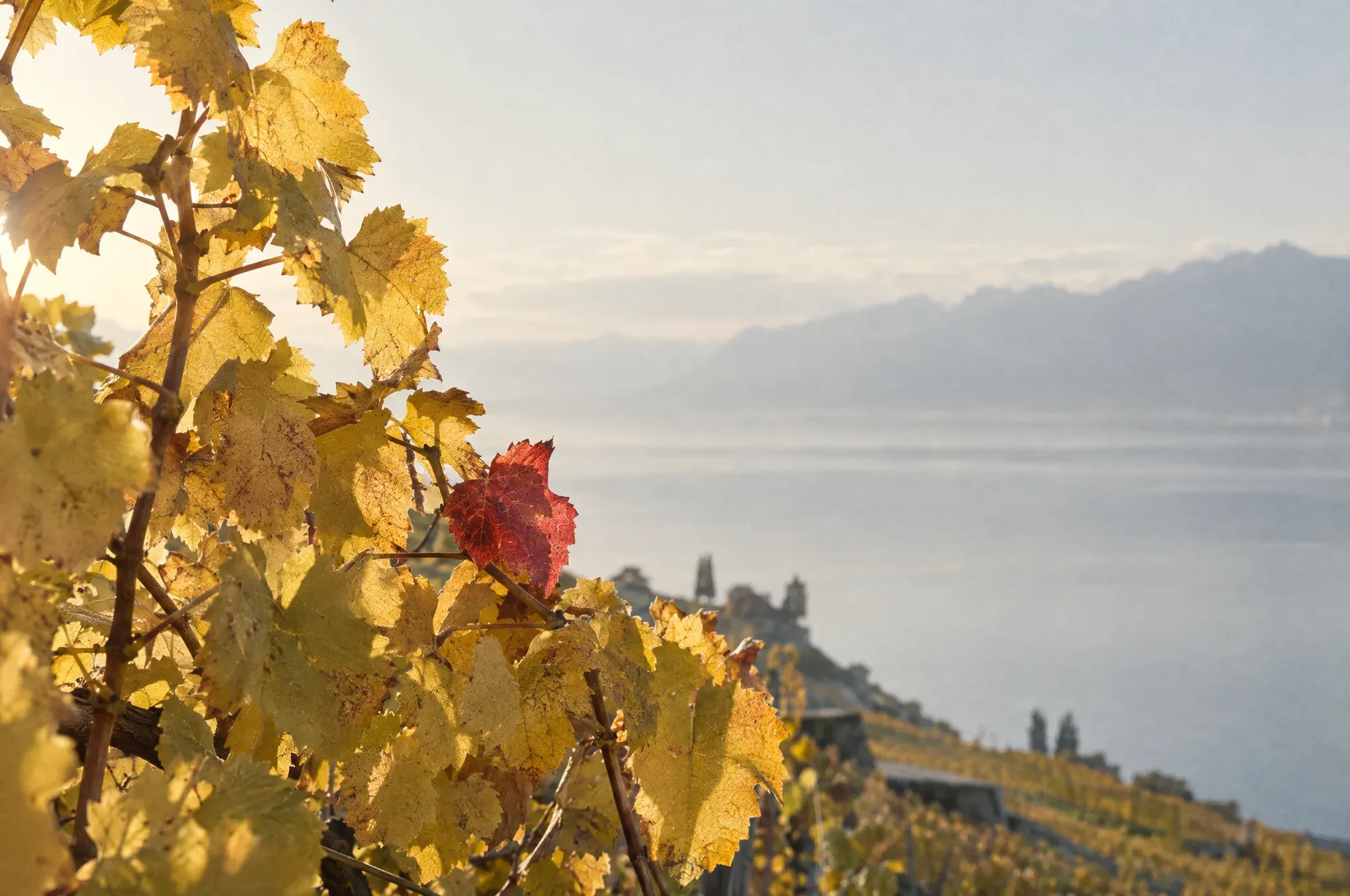 Feuilles de vigne dorées en automne, une feuille rouge au milieu.