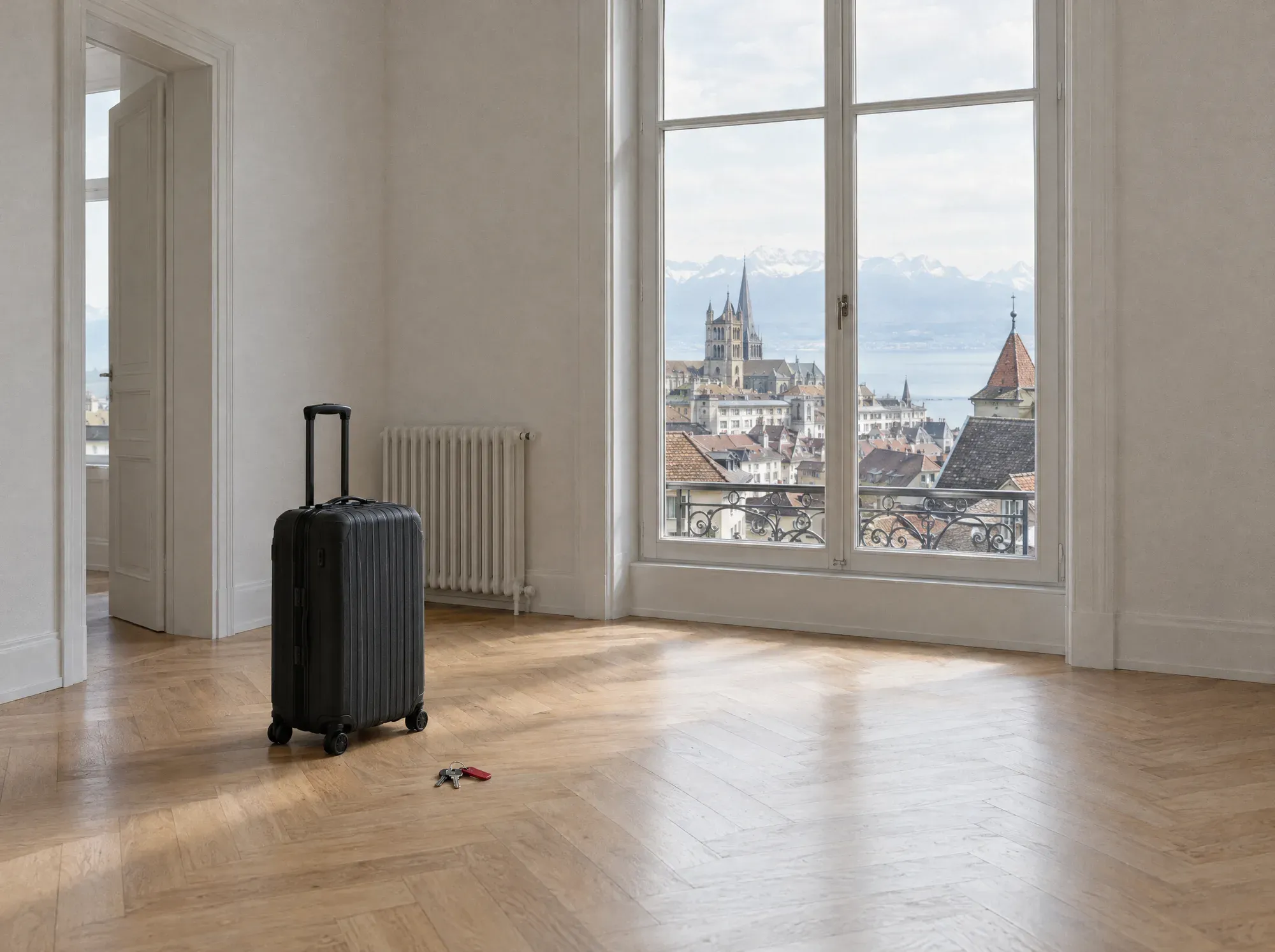 Valise et clés posées sur le parquet d’un appartement vide, toits de Lausanne par la fenêtre.
