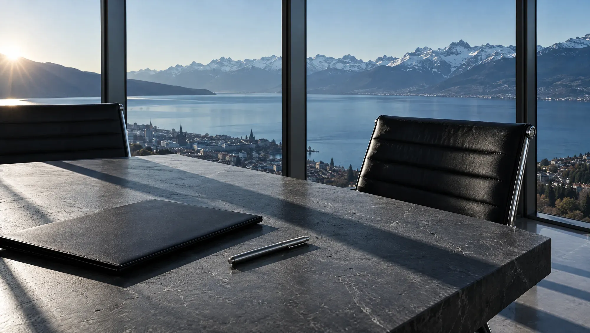 Table de réunion en pierre sombre devant une baie vitrée, Lausanne et le Léman à l’aube.