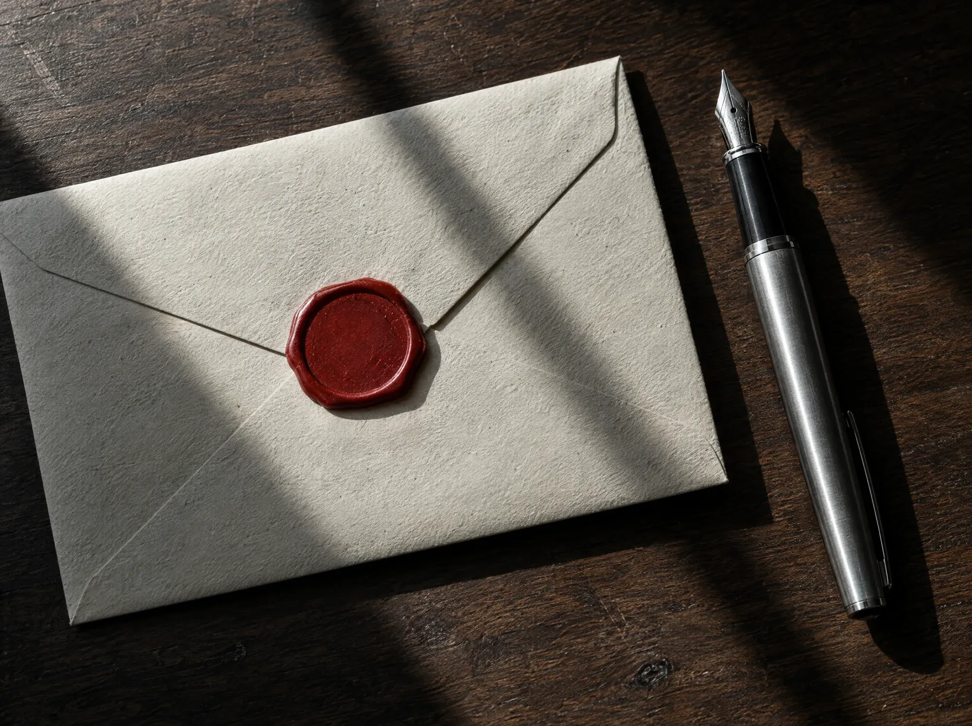 Enveloppe fermée par un cachet de cire rouge, stylo posé à côté.