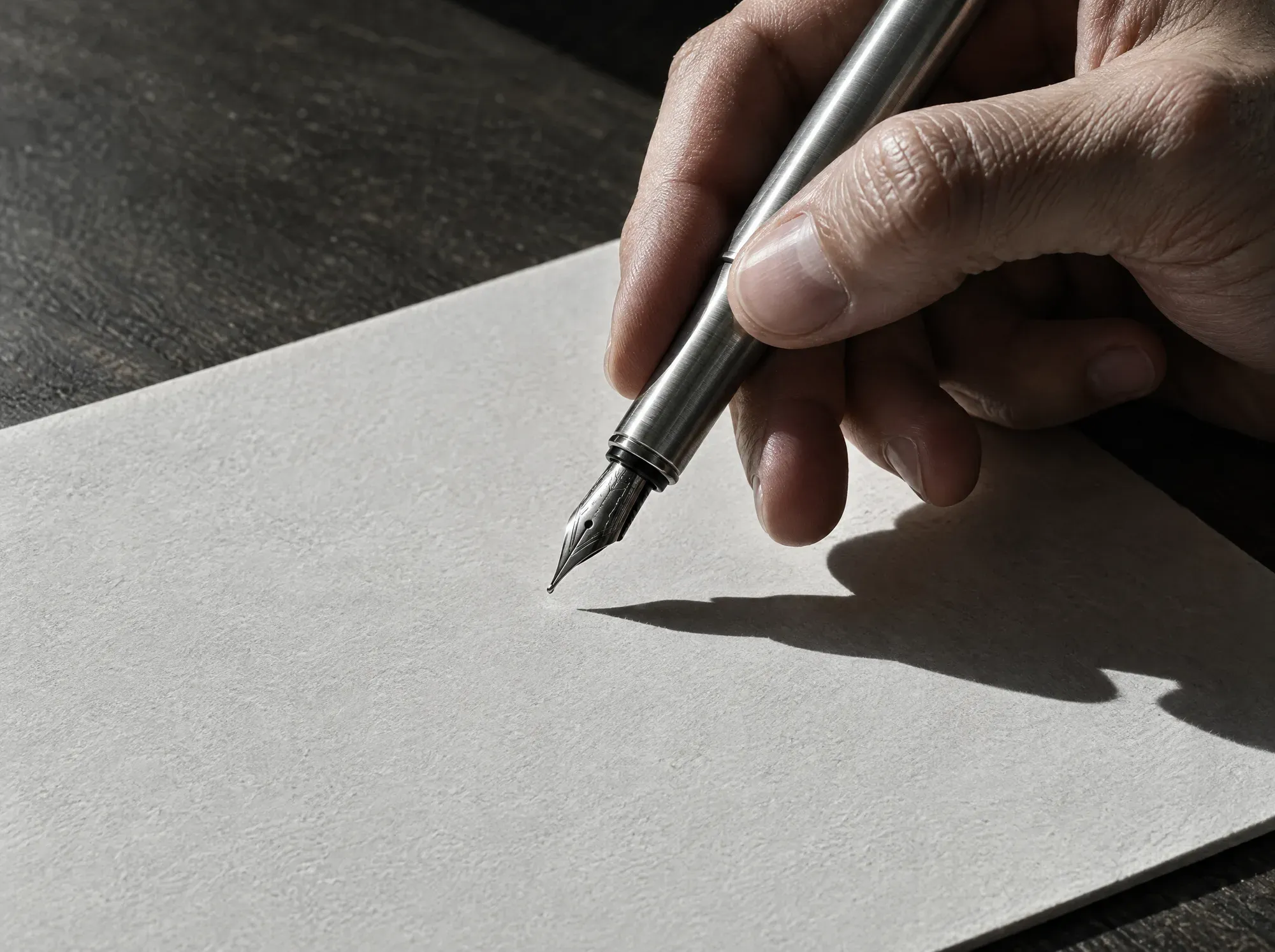 Main qui tient un stylo au-dessus d’une feuille, avant de signer.