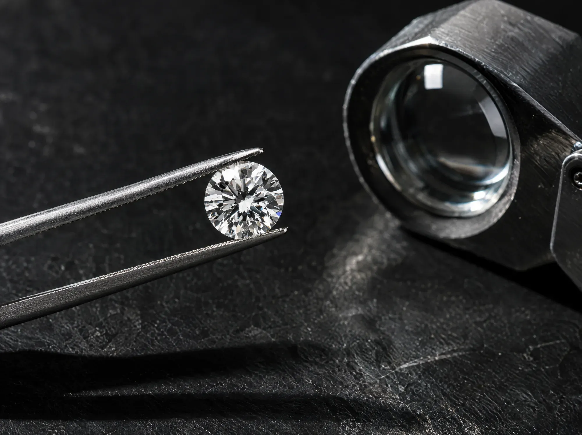 Diamant tenu par une pince d’acier au-dessus d’une surface noire.