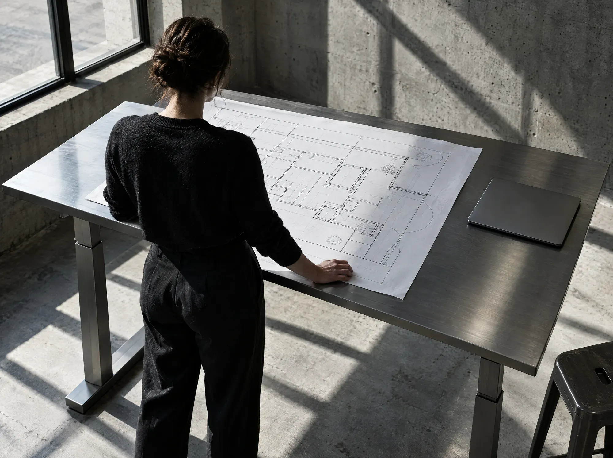 Personne de dos qui étudie un grand plan dans un bureau en béton.