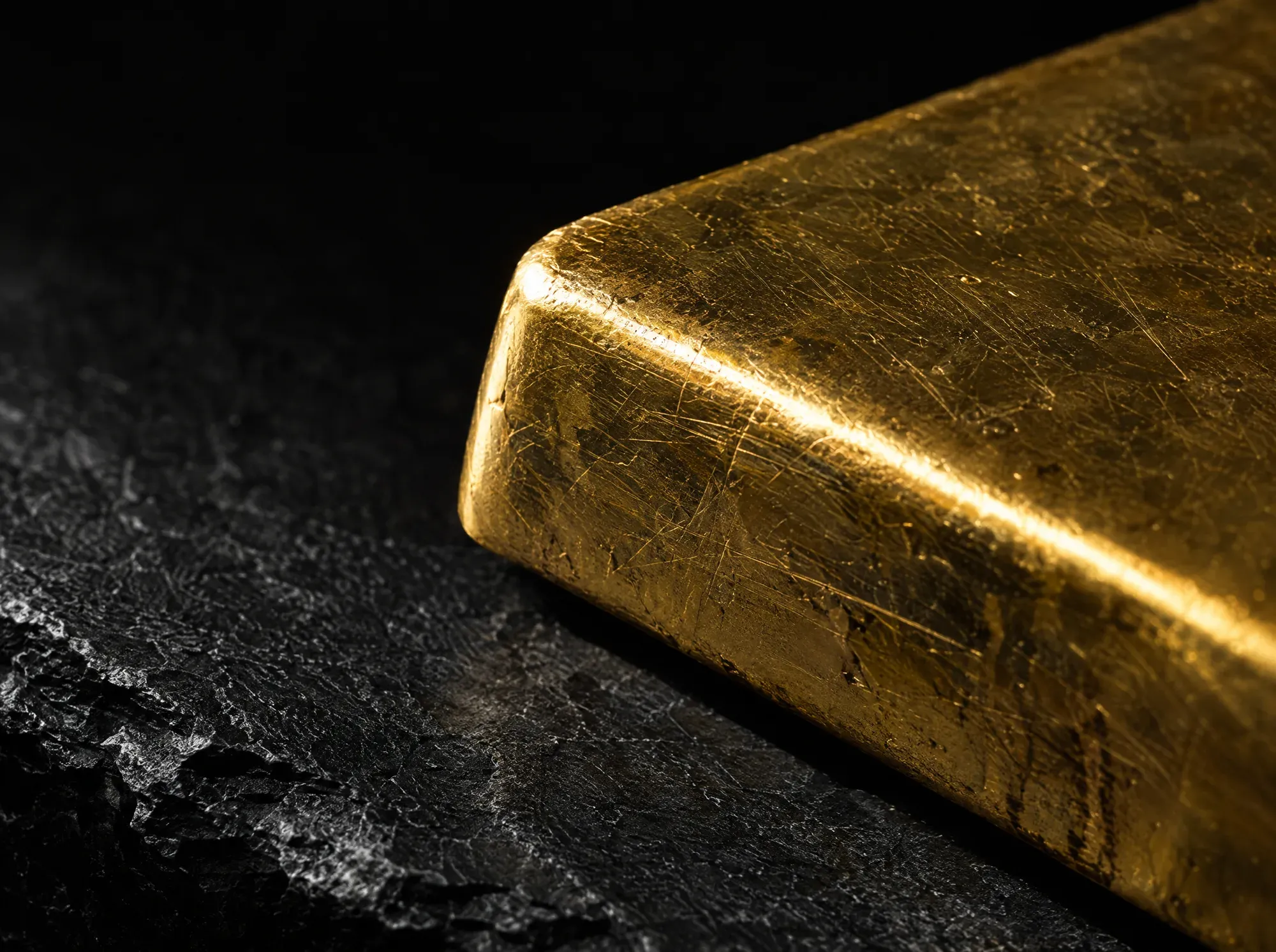 Bord d’un petit lingot d’or sans inscription posé sur une ardoise sombre.