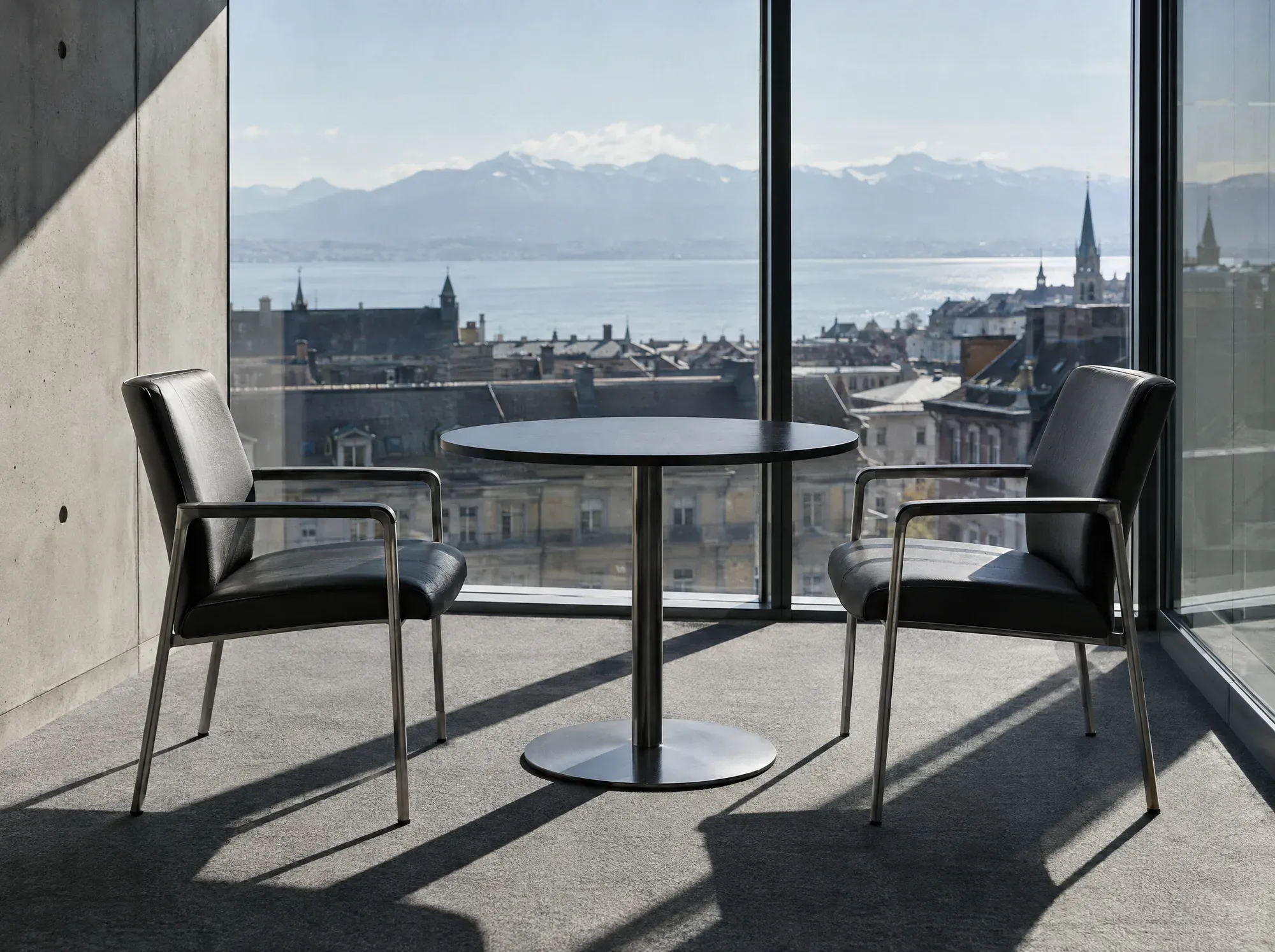 Deux chaises face à face autour d’une petite table, Lausanne derrière la vitre.