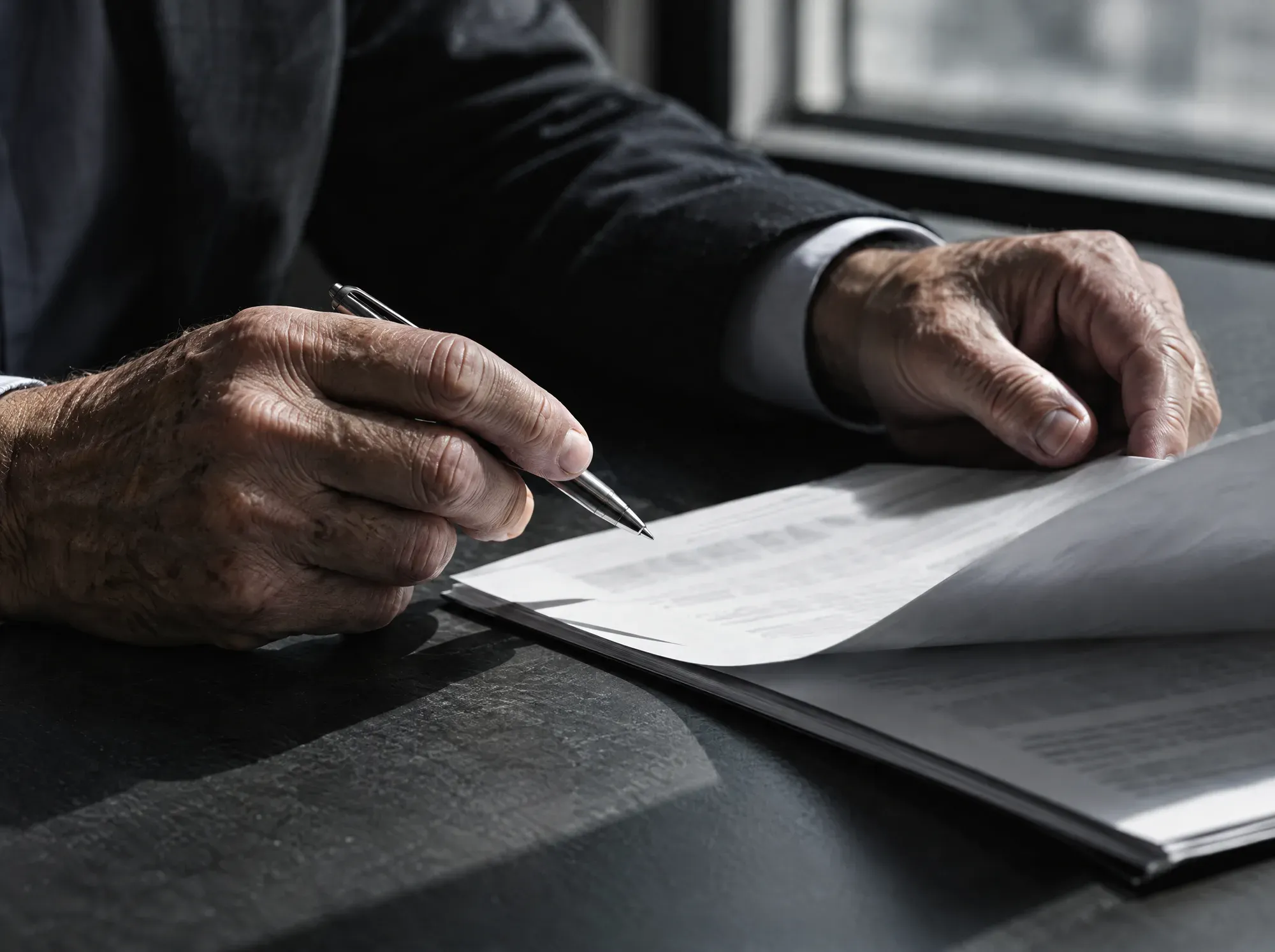 Mains d’un homme d’une soixantaine d’années qui relit un document, stylo en main.